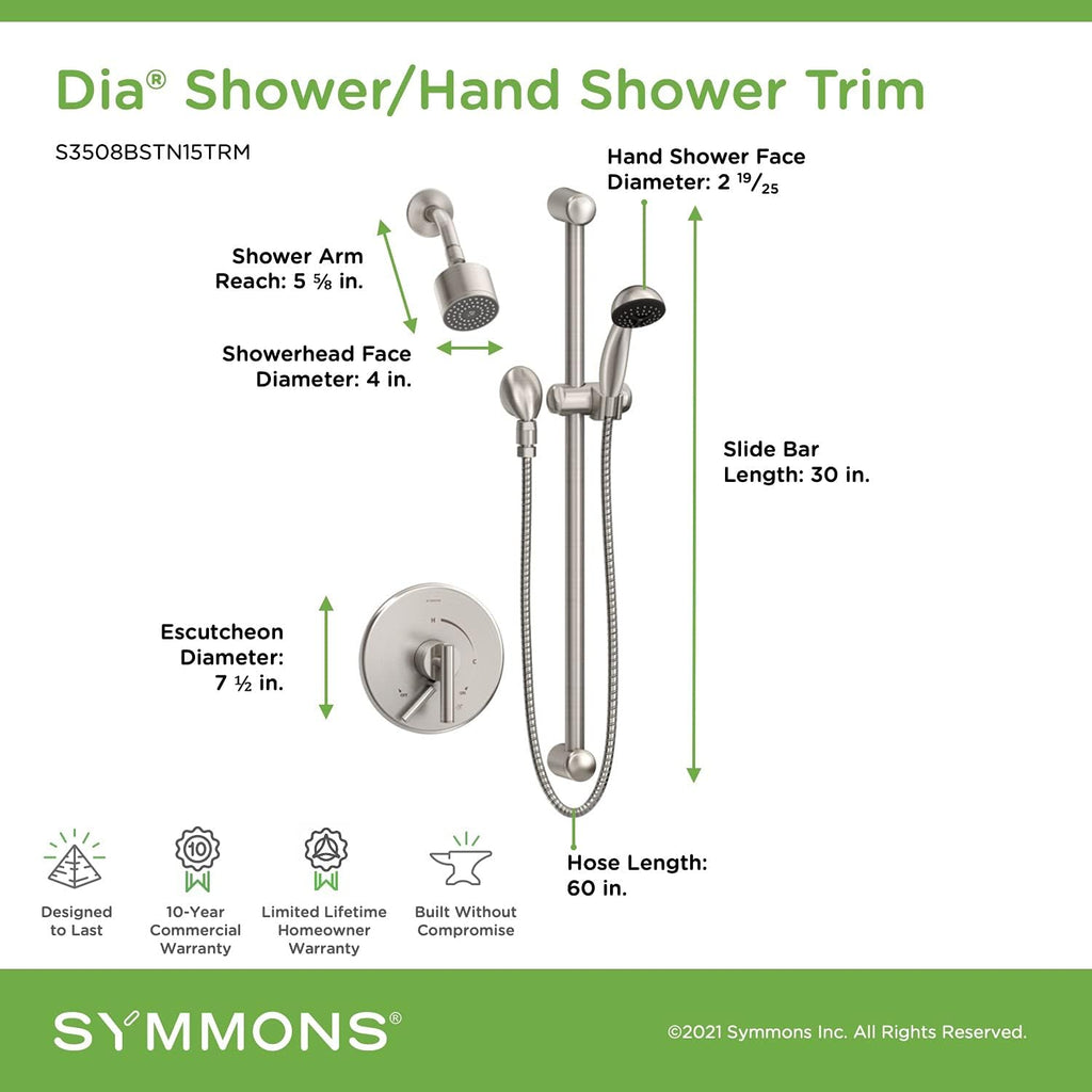 Dia Shower Faucet Trim Kit Wall Mounted with Single Handle and Hand Spray 1.5 GPM (Valve not Included), Satin Nickel S3508BSTN15TRM