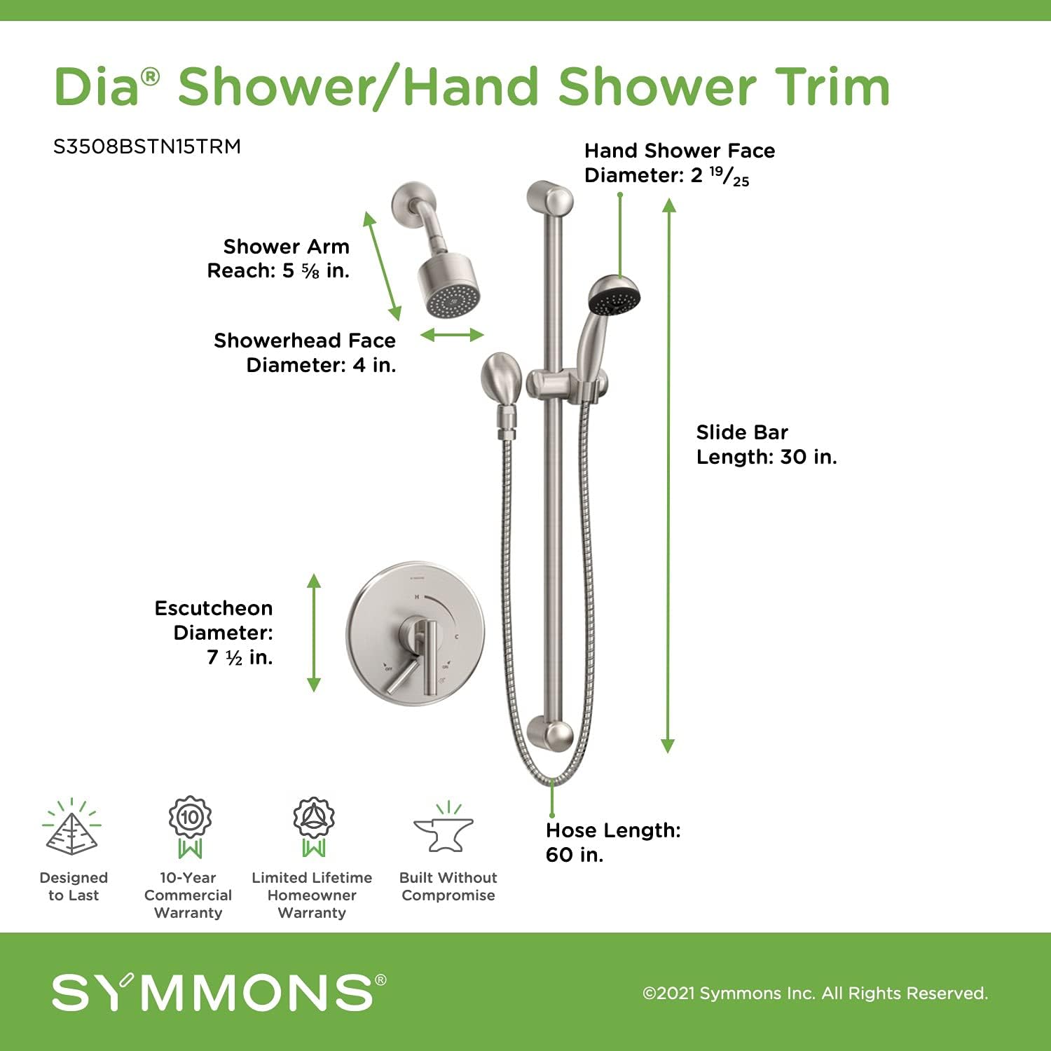 Dia Shower Faucet Trim Kit Wall Mounted with Single Handle and Hand Spray 1.5 GPM (Valve not Included), Satin Nickel S3508BSTN15TRM