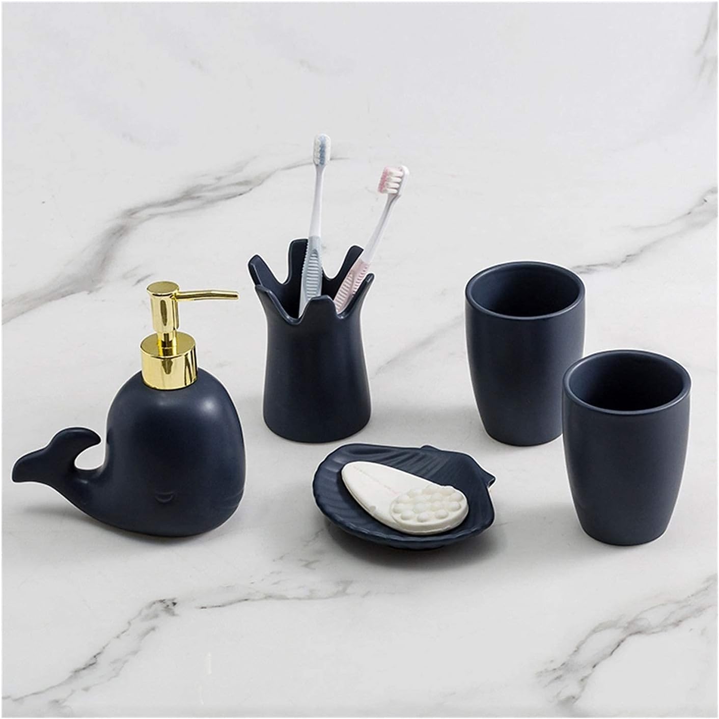 Soap Dispenser Decoration Bath Accessory Set 5 Piece Ceramic Bath Accessory Set Includes Liquid Soap or Lotion Dispenser Kids Whale Bathroom Design Blue (Color: Navy Blue A) Soap Dispenser