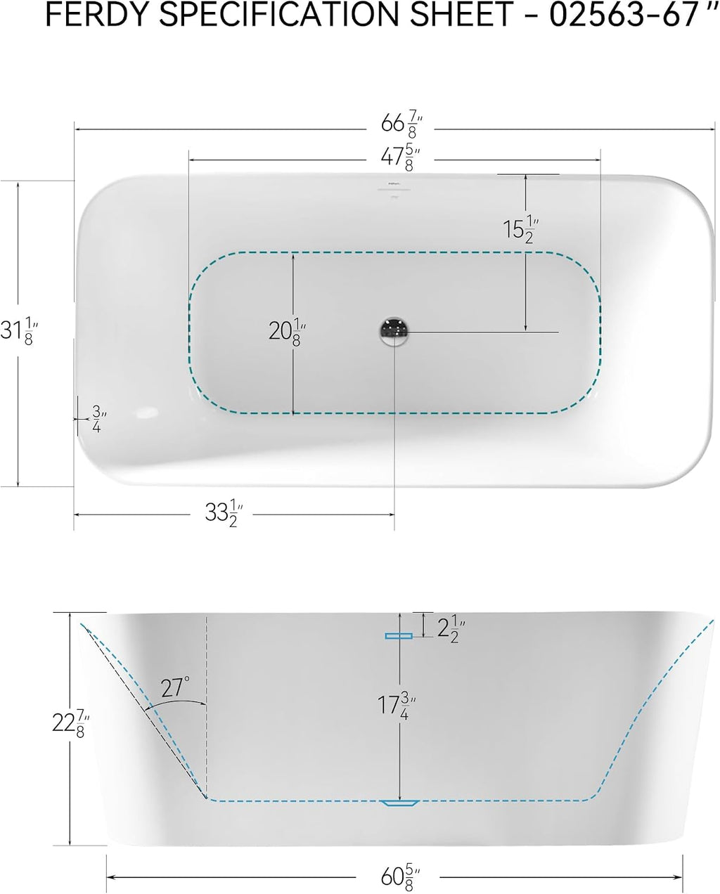 FerdY Maui 67' Freestanding Bathtub Elegant Freestanding Soaking Bathtub, Glossy White, cUPC Certified, Toe-Tap Chrome Drain & Overflow Assembly Included