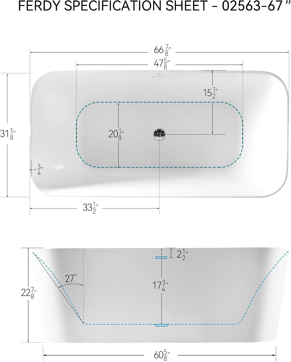 FerdY Maui 67' Freestanding Bathtub Elegant Freestanding Soaking Bathtub, Glossy White, cUPC Certified, Toe-Tap Chrome Drain & Overflow Assembly Included