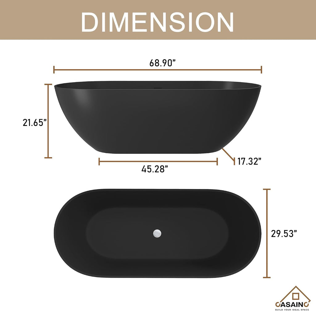 CASAINC 69' Free Standing Tub, Oval-Shaped Stone Resin Freestanding Bathtub Matte Black Solid Surface Soaking Tub with Drain, Drain Hose & Sanding Paper