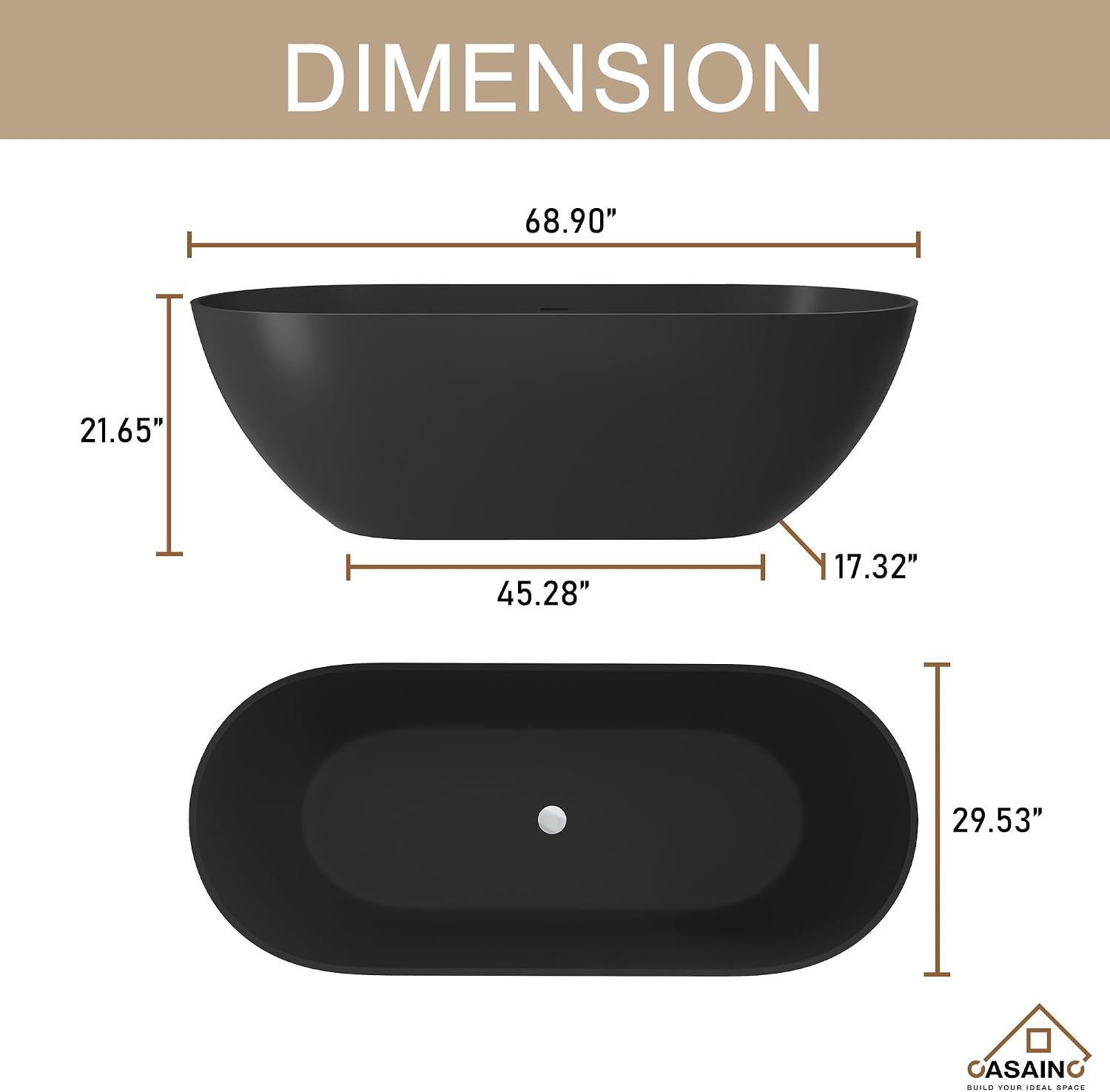 CASAINC 69' Free Standing Tub, Oval-Shaped Stone Resin Freestanding Bathtub Matte Black Solid Surface Soaking Tub with Drain, Drain Hose & Sanding Paper