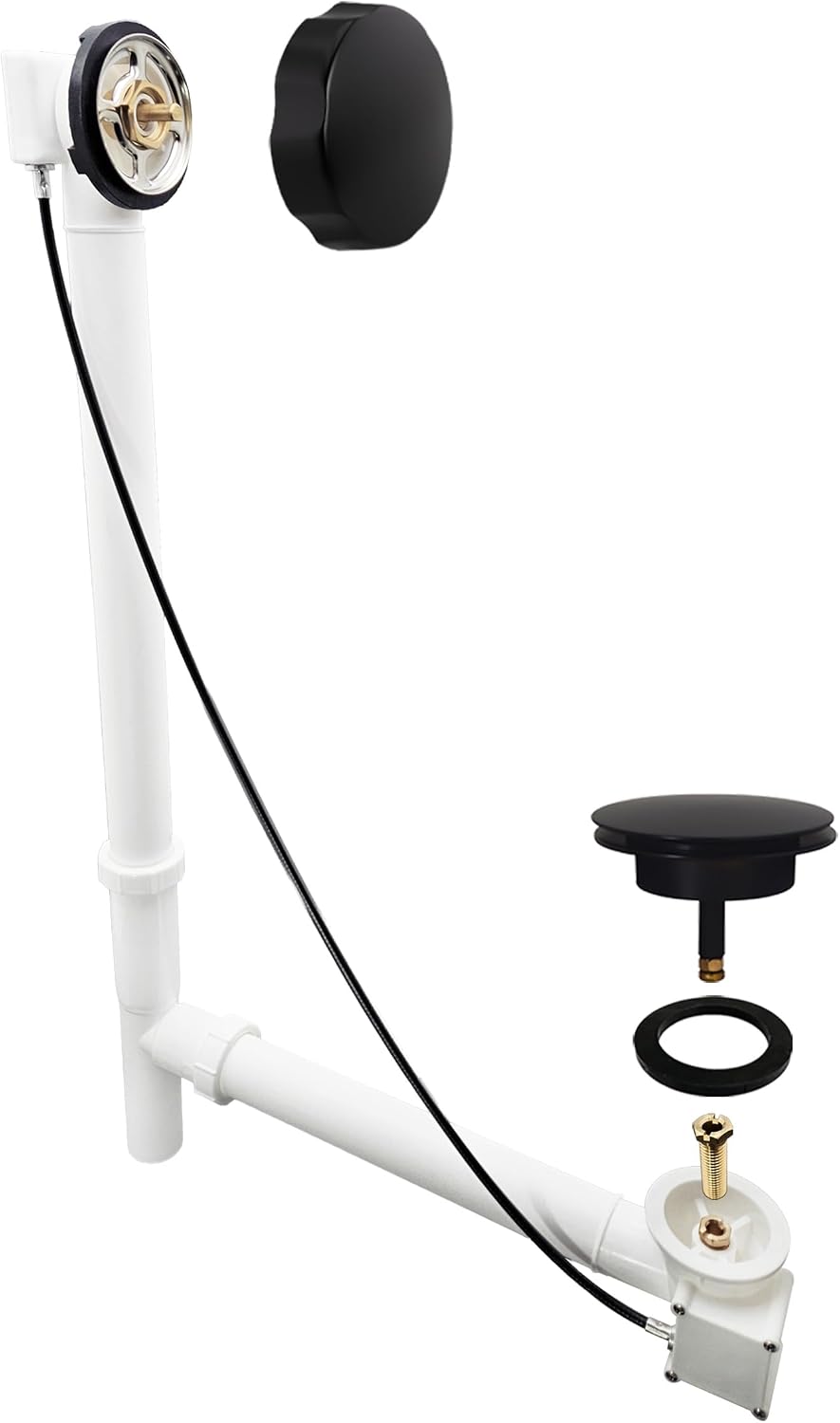 Westbrass A50P35TLE-62 35' Cable Drive Bath Drain Trim Kit with Rotary Overflow Cover Knob, European Stopper and Poly Tubular Pipes, Matte Black