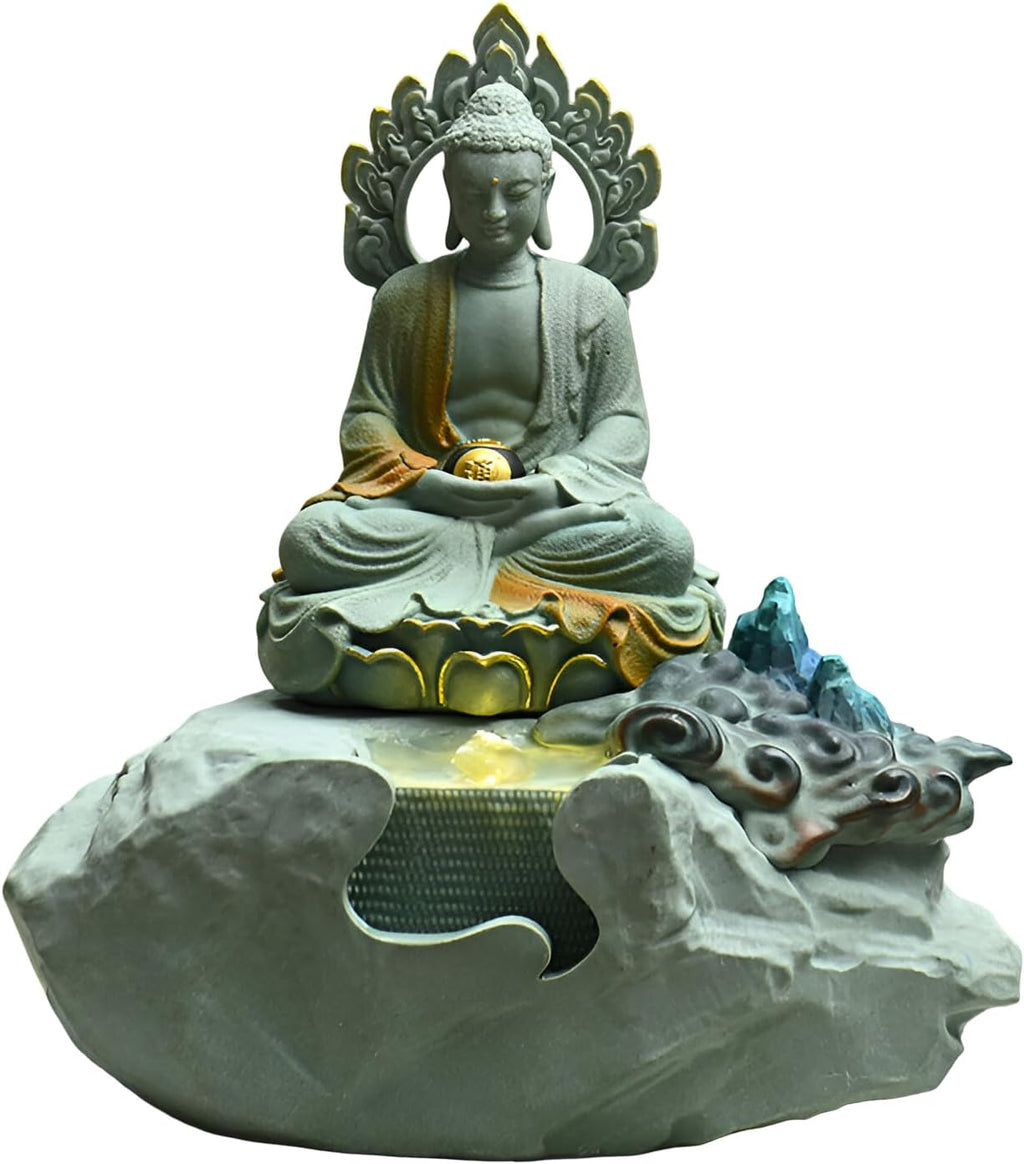 Zen Buddha Tabletop Fountain with LED Lights & Crystal Accents – Indoor Meditation Waterfall Feature with Cascading Water for Home, Office, Living Room or Bedroom – Free 10 Free Crystals (Style 6)