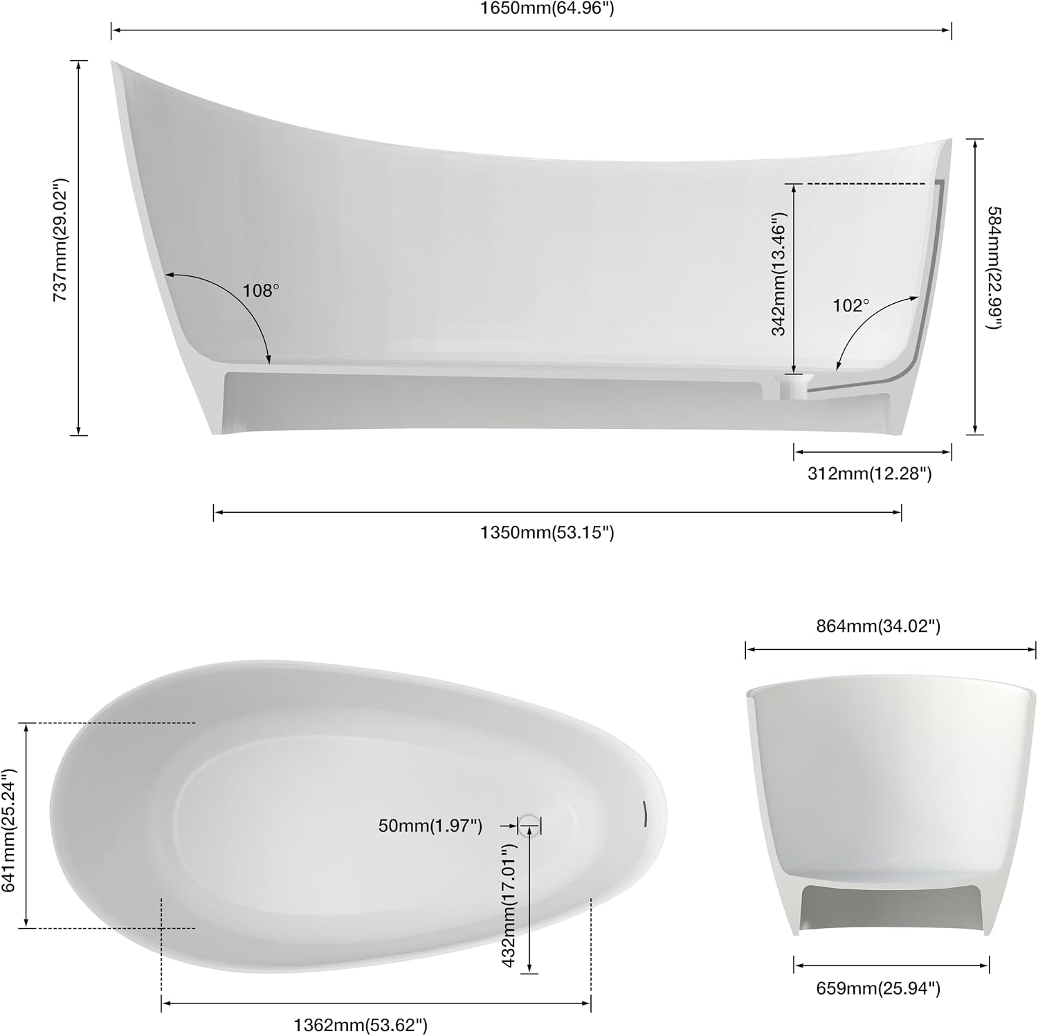 65' Free Standing Tub Bathtub Resin Stone, Solid Surface Freestanding Bathtub, Contemporary Soaking Tub Bathtubs with Overflow and Pop up Drain, Matte White