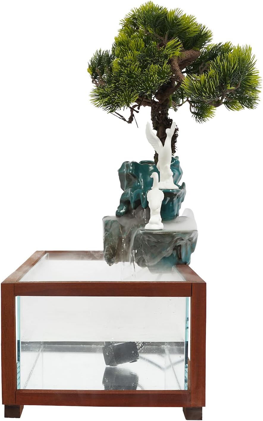 Tabletop Water Fountains Indoor Waterfall with Mist Fake Plants for Feng Shui Wealth Boom Desk Fountain with Fish Tank Pump Atomizer for Meditation in Living Room Bedroom Entrance Yoga Room