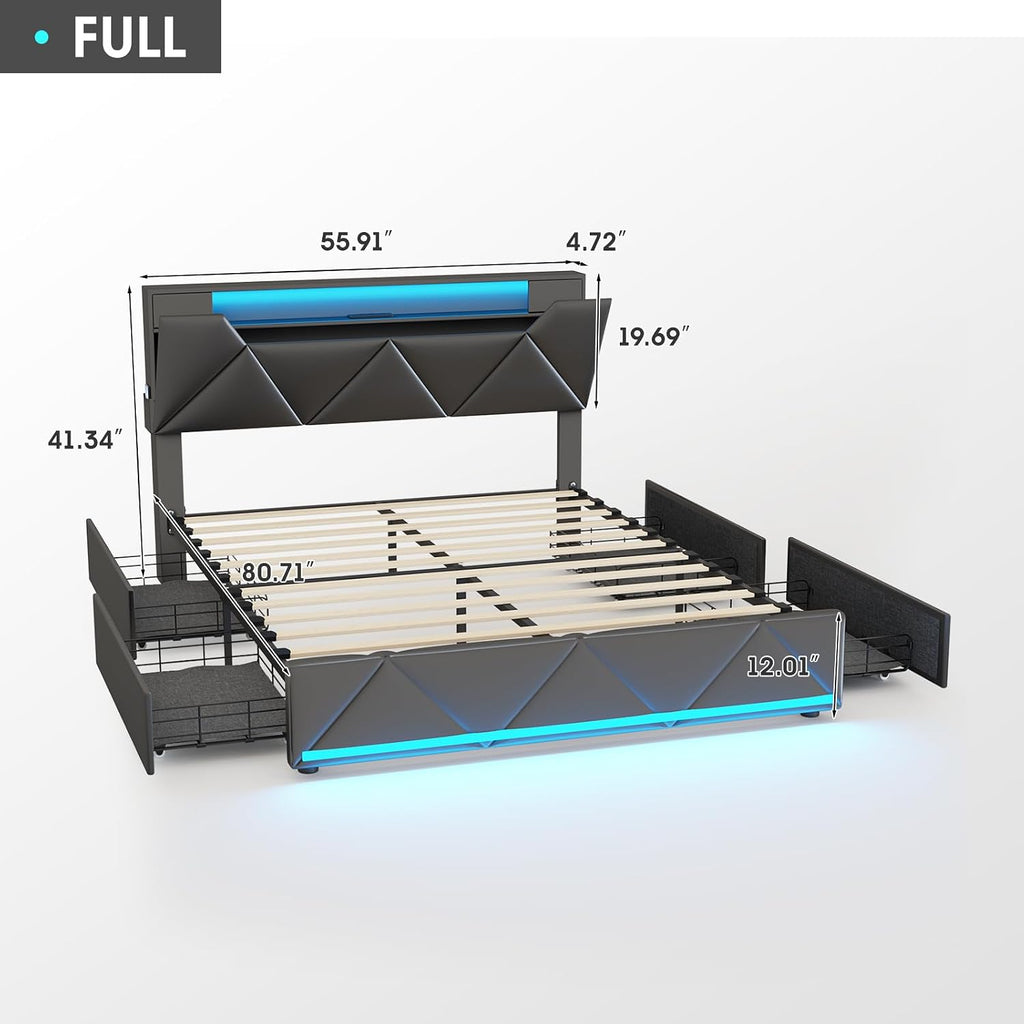 Vabches Full Bed Frame with Storage Headboard and 4 Drawers,Upholstered Platform with Charging Station and Led Lights,Adjustable Headboard with Pu Leather,No Box Spring Needed,Black