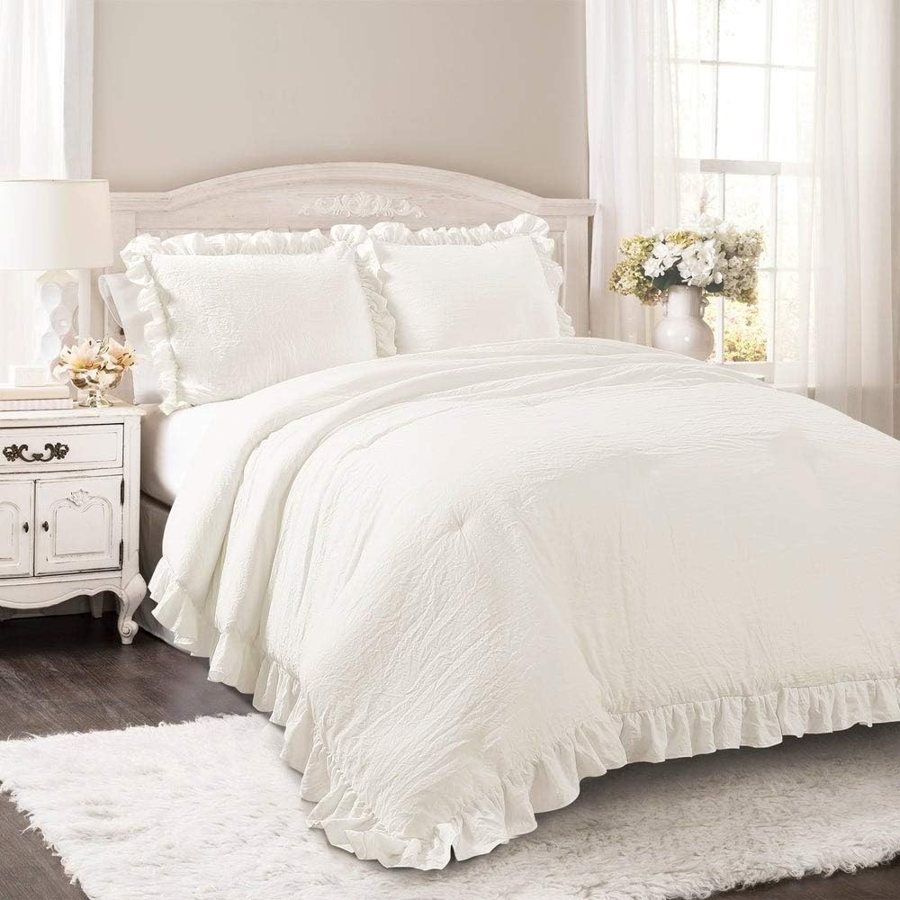 Lush Decor Reyna Ruffle Comforter Set - 3 Piece Cozy Ruffled Bedding Set - Timeless Elegance and Comfort for Dorm Room - Full/ Queen, White
