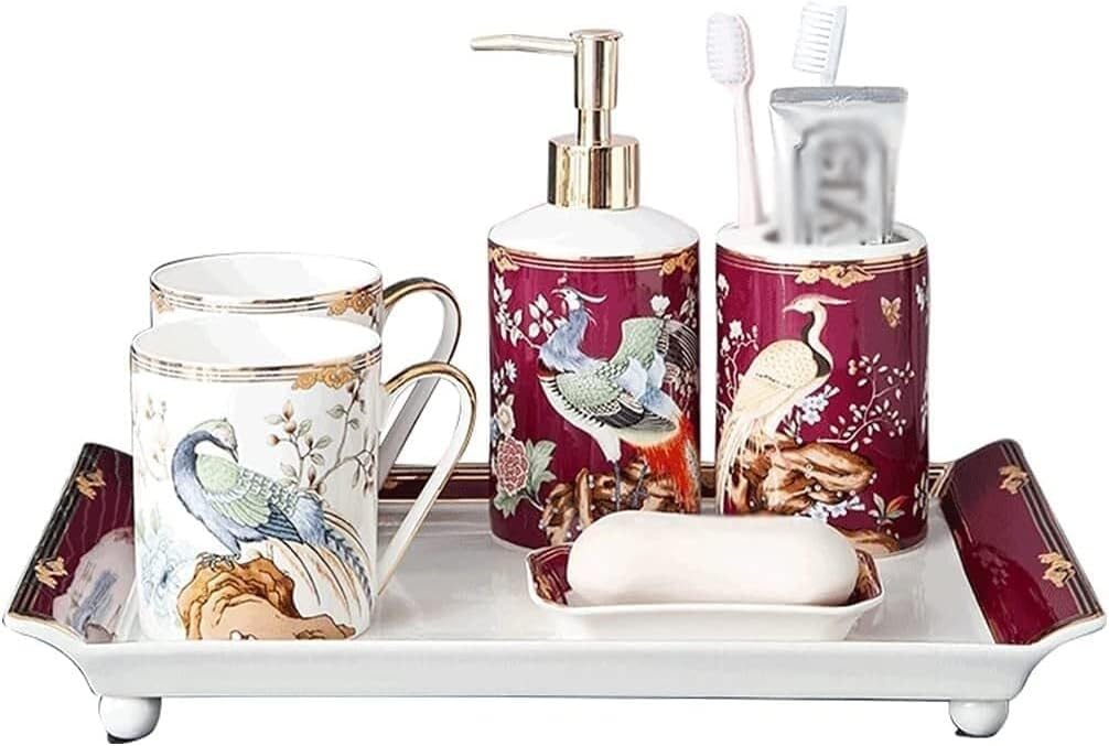 Bathroom Accessories Set Soap Dispenser Vanity Ceramic Set Manual Pump Bottles Bottle Plastic Bathroom Kitchen Hotel Restaurant Victorian Decor(Rot)