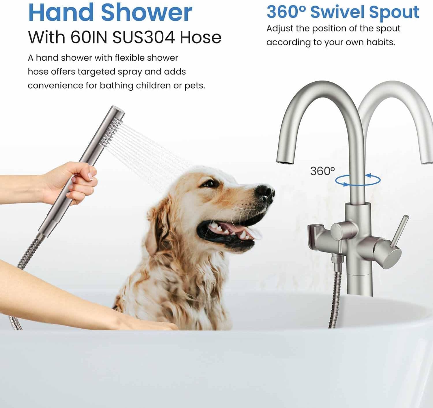 KIBI Circular Floor Mount Tub Filler with Hand Shower in Brushed Nickel, Solid Brass Single Handle Freestanding Bathtub Faucet with 360 Swivel Spout, Modern Bath Faucet for Tub and Shower (KTF301BN)