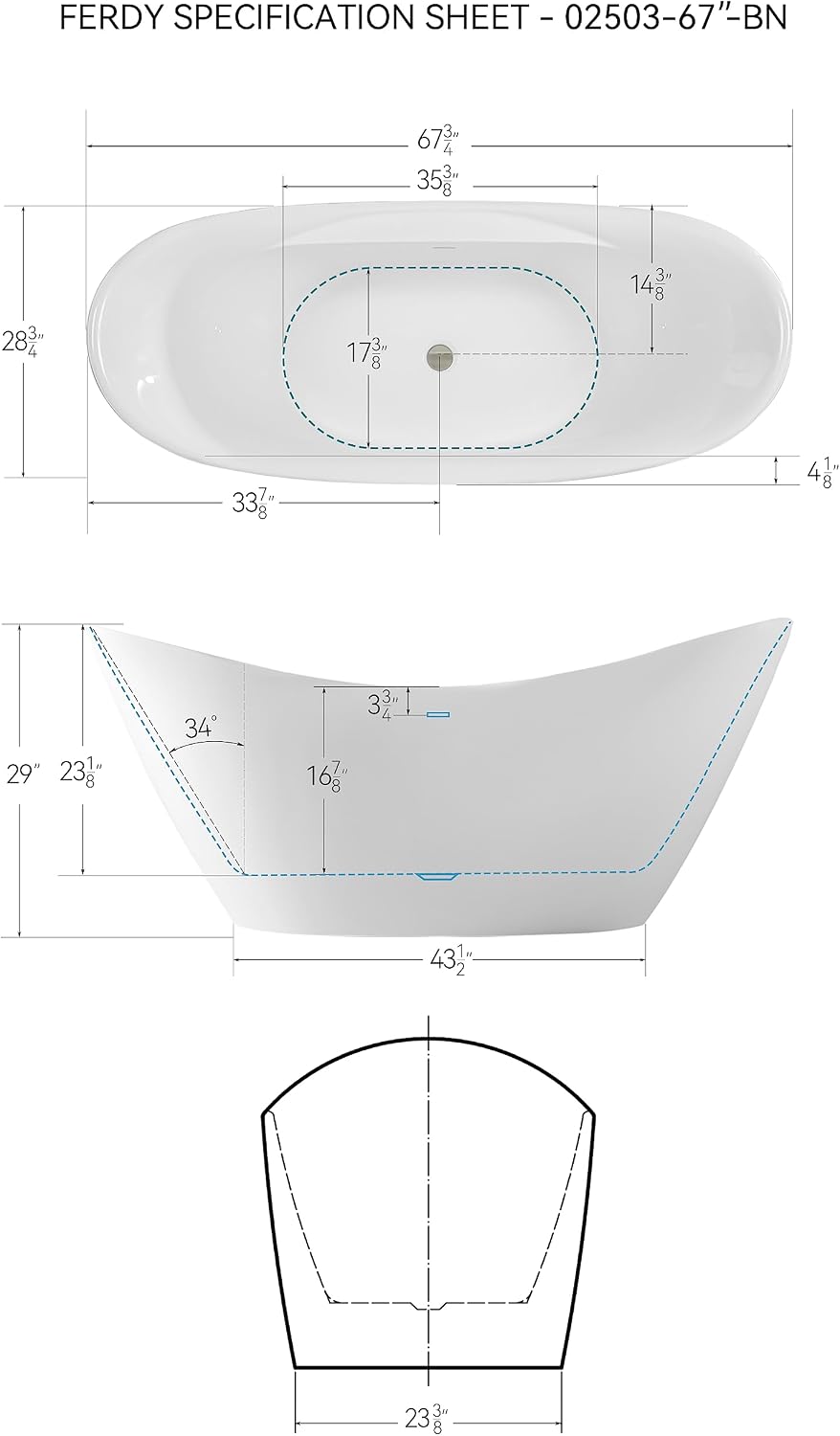 FerdY Boracay 67' Acrylic Freestanding Bathtub, Gracefully Shaped Contemporary Design Bathtub with Brushed Nickel Drain, Integrated Slotted Overflow, Glossy White, cUPC Certified, 02503