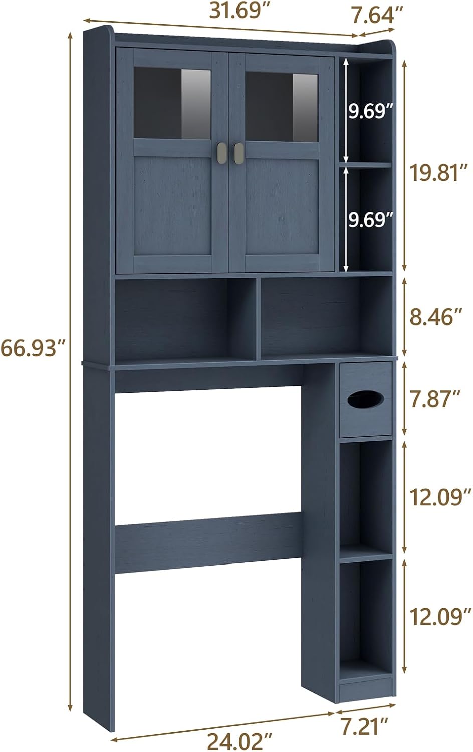 Vabches Over The Toilet Storage Cabinet, Bathroom Shelf Over Toilet with Glass Doors and Adjustable Shelves, Navy Blue Freestanding Home Space Save Toilet Rack, for Restroom, Bathroom, Laundry