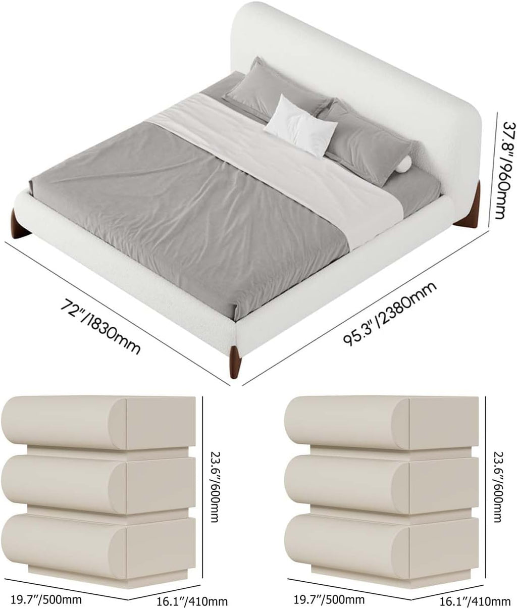 homary Queen Size Upholstered Bed Frame with 2 Three-Drawer Nightstands – Modern Bedroom Set with Wireless Charging, USB Ports, Faux Leather & Bouclé Upholstered Bed Platform with Headboard