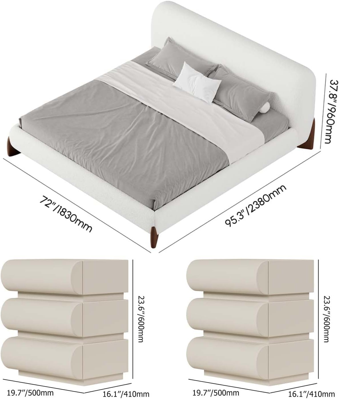 homary Queen Size Upholstered Bed Frame with 2 Three-Drawer Nightstands – Modern Bedroom Set with Wireless Charging, USB Ports, Faux Leather & Bouclé Upholstered Bed Platform with Headboard