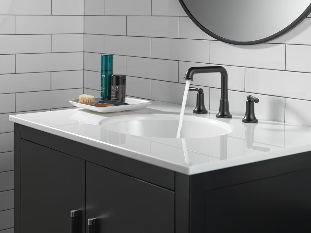 Delta Saylor Matte Black Bathroom Faucet 3 Hole, 8 Inch Widespread Bathroom Sink Faucet for Vanity, Metal Push-Pop Drain Assembly, 3536-BLMPU-DST