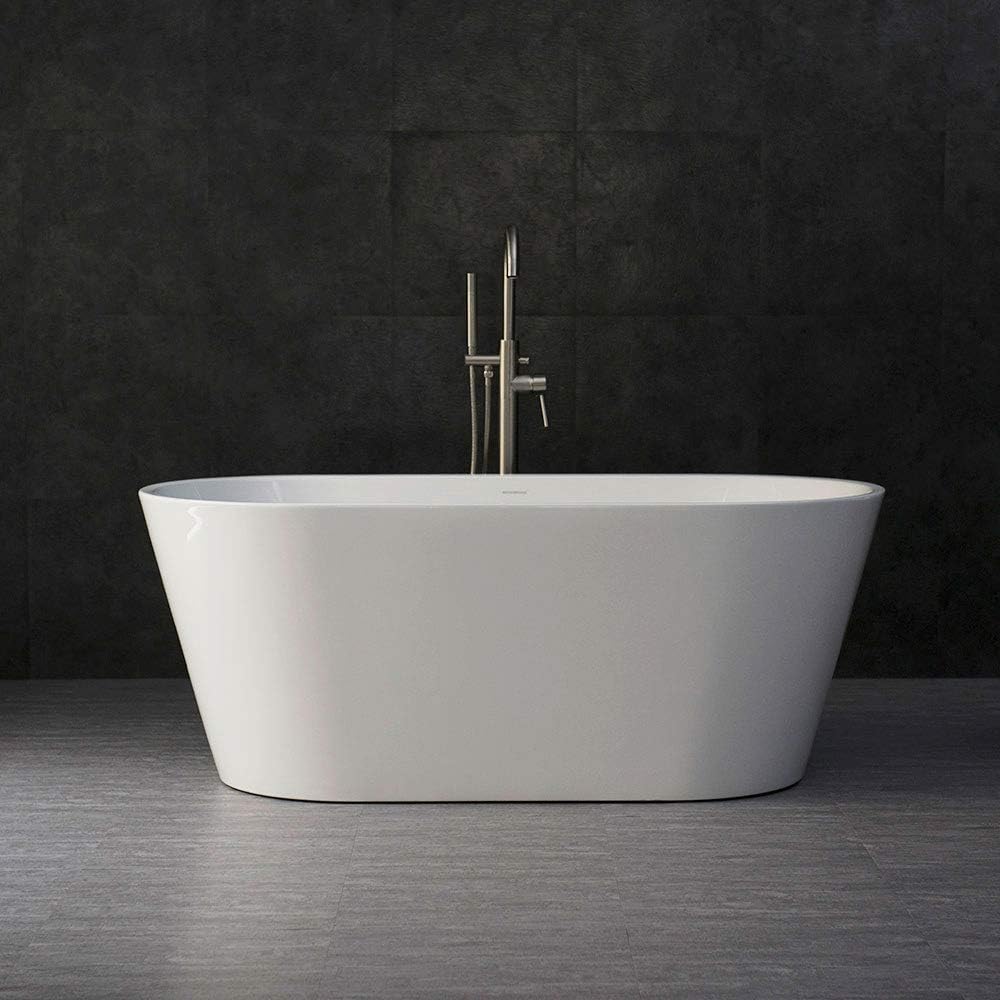 WOODBRIDGE 59' Acrylic Freestanding Bathtub Contemporary Soaking Tub with Brushed Nickel Overflow and Drain B0014B,White