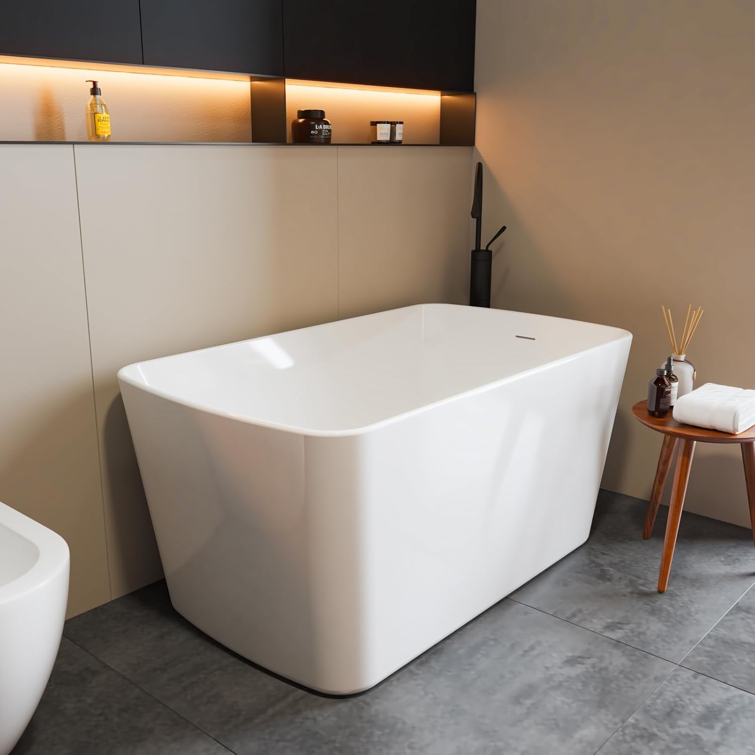 49 Inch Freestanding Bathtub Acrylic Compact Soaking Tub with Chrome Drain & Overflow, Space-Saving Sit-In Design for Small Bathrooms, Modern Glossy White