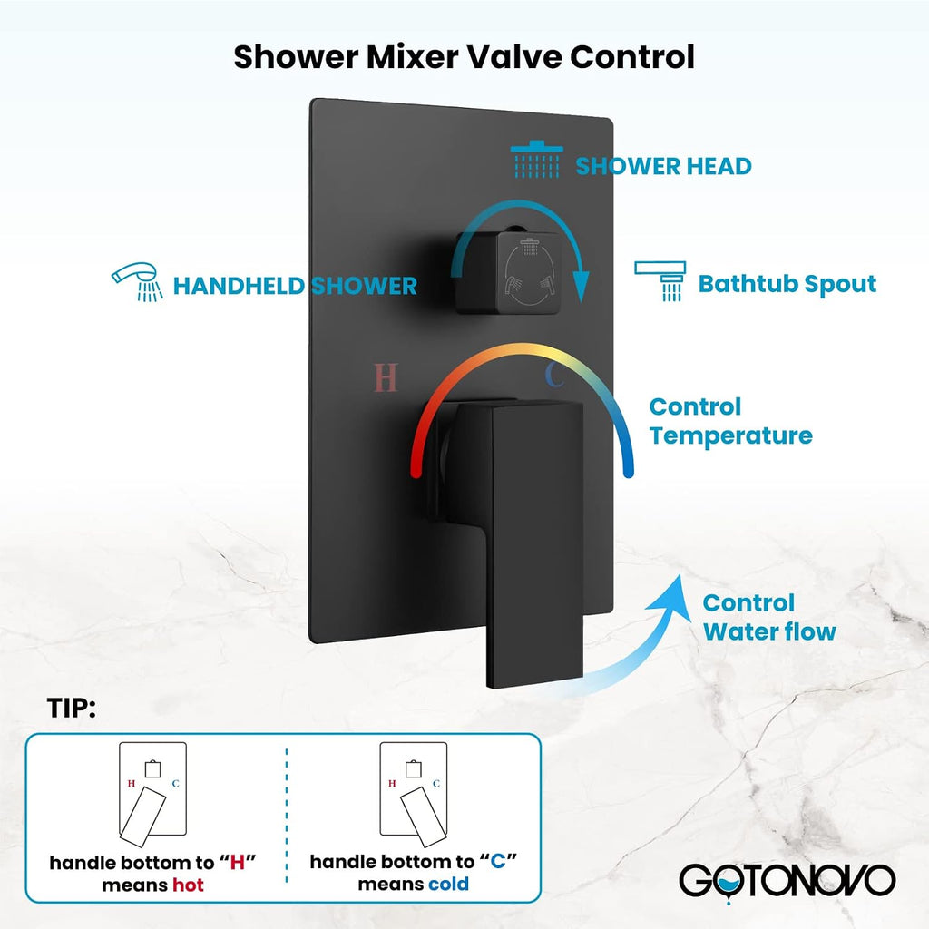 gotonovo Rainfall Tub Shower Faucet Set Bathroom Shower System with Tub Spout Wall Mount Square High Pressure Shower Fixtures with Handheld Sprayer Rough-In Valve 8'' Shower Head,Matte Black