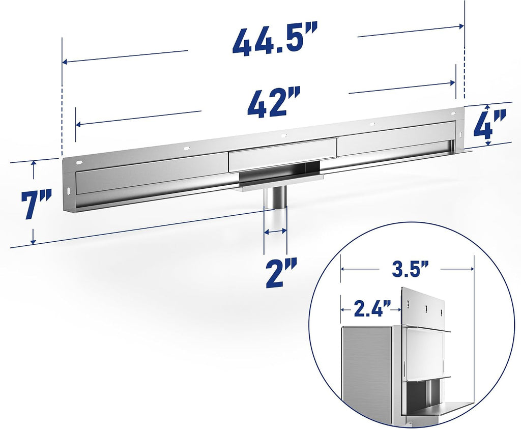 Linear Wall Drain 42'', 304 Stainless Steel Side Drain w/Tiled Grate & Hair Strainer, Brushed Tiled Shower Drain for Bathroom, CUPC Certified