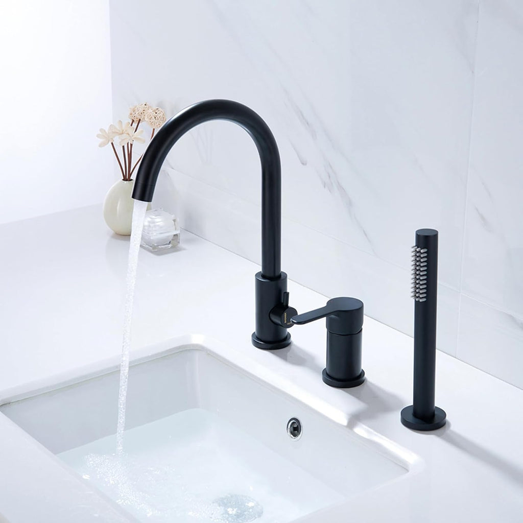 Bath Mixer Tap with Shower Attachment, 3-Hole Bathtub Tap Shower Head and Hose Set for Bath Taps Brushed Gold,A