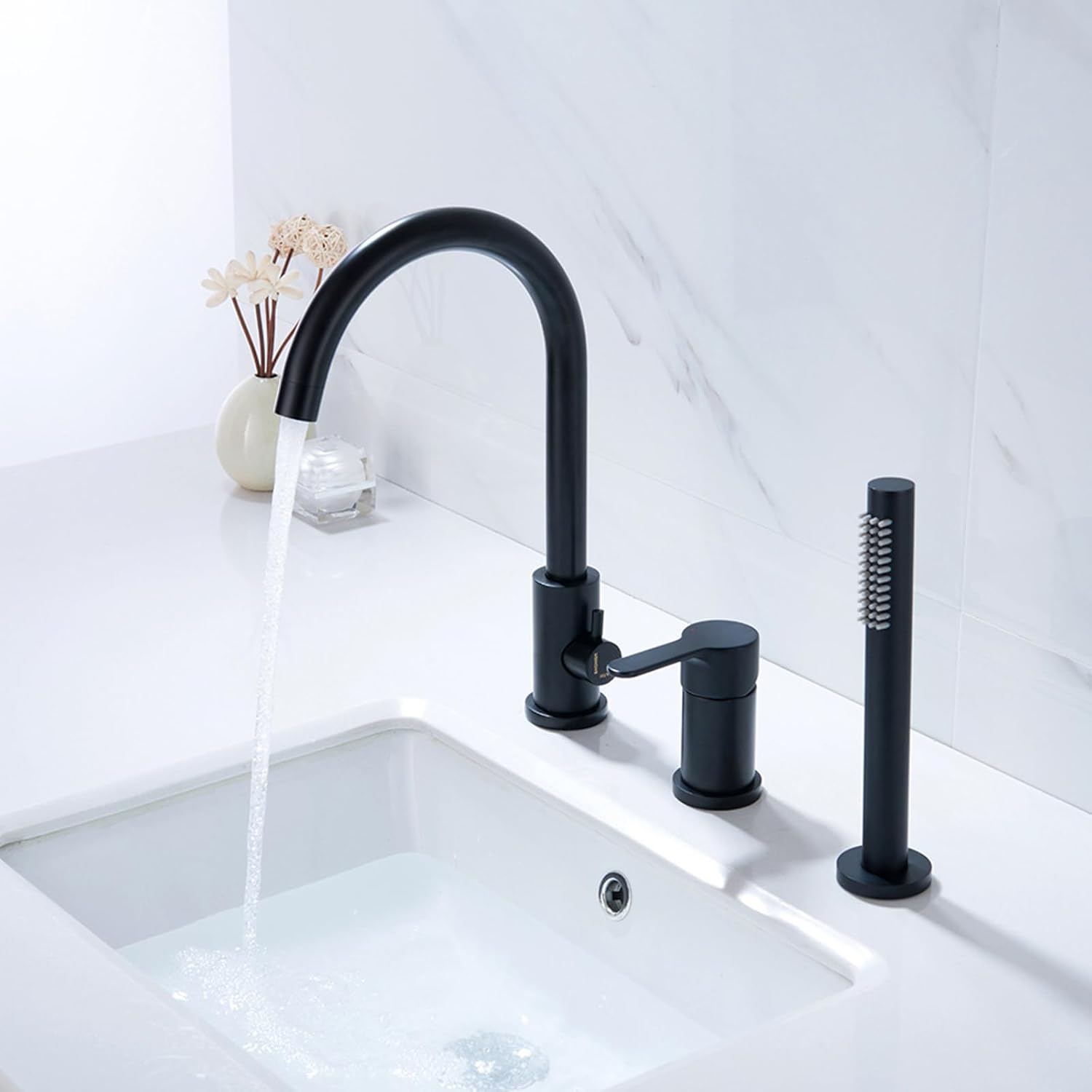 Bath Mixer Tap with Shower Attachment, 3-Hole Bathtub Tap Shower Head and Hose Set for Bath Taps Brushed Gold,A