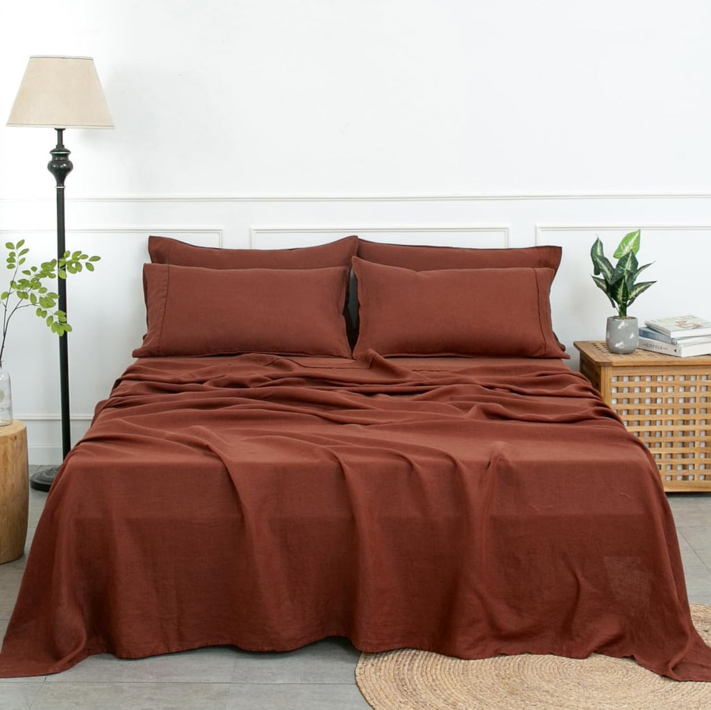 S VICTORY SYMBOL 100% Organic Linen Sheets Set Full Size-4 Pieces European Flax Linen Bed Sheets(1 Flat Sheet,1 Fitted Sheet,2 Pillowcases) GOTS Certified,Breathable Soft Durable-Burgundy