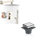 Shower System Set Faucet with 4 Inch Shower Drain, 10' Shower Faucet Set for Bathroom Luxury Rain Mixer Combo Set Wall Mounted Rainfall Square Shower Head Linear Shower Drain (4 inch, Brushed Nickel)