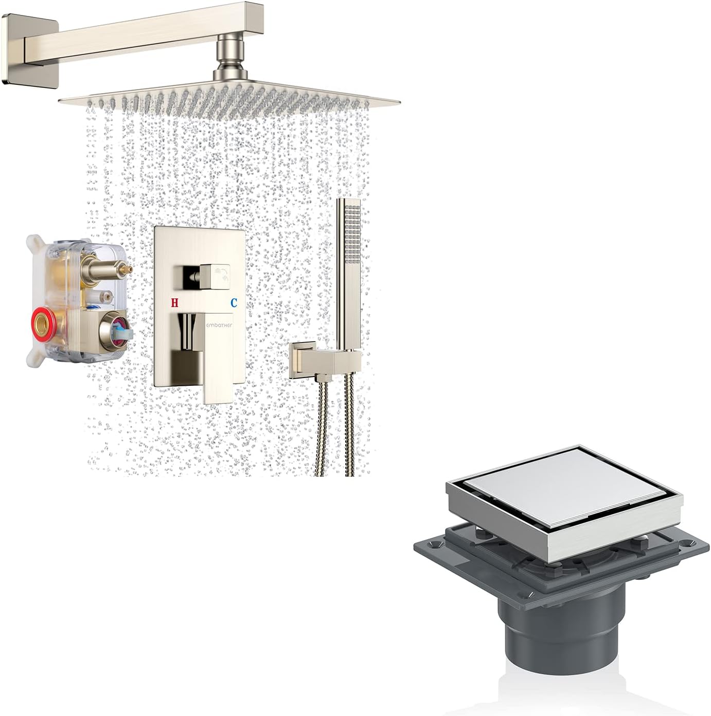Shower System Set Faucet with 4 Inch Shower Drain, 10' Shower Faucet Set for Bathroom Luxury Rain Mixer Combo Set Wall Mounted Rainfall Square Shower Head Linear Shower Drain (4 inch, Brushed Nickel)