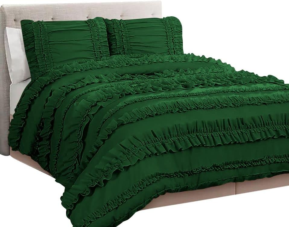 5 Piece Full Ruffles Layers Duvet Cover Set with Zipper Closure, 100% Egyptian Cotton, 1000 Thread Cotton - Full/Queen Size - Green Solid