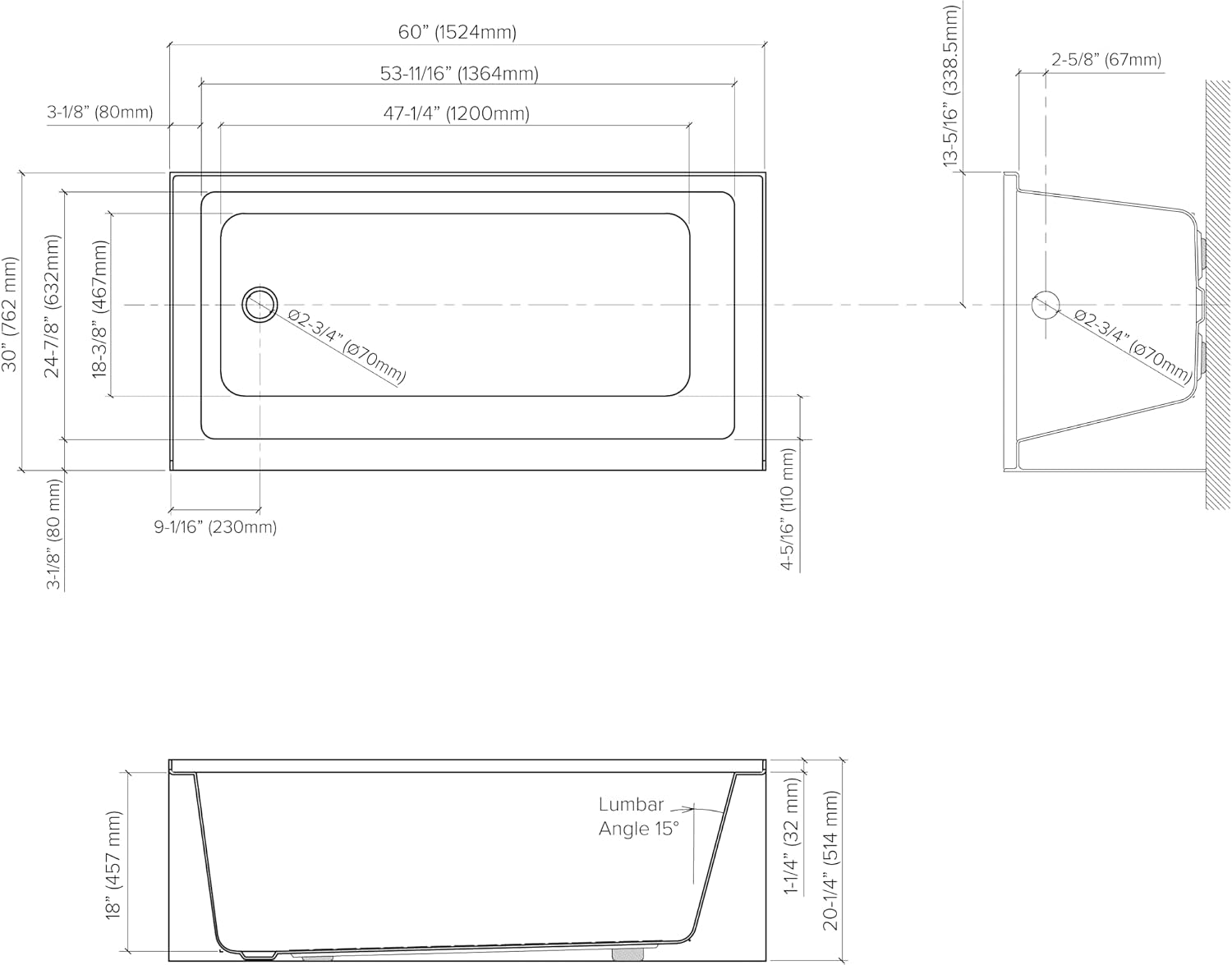 Transolid Ursula 60 x 30 x 20-1/4 in. Acrylic Alcove Bathtub with Left-Hand Drain, White