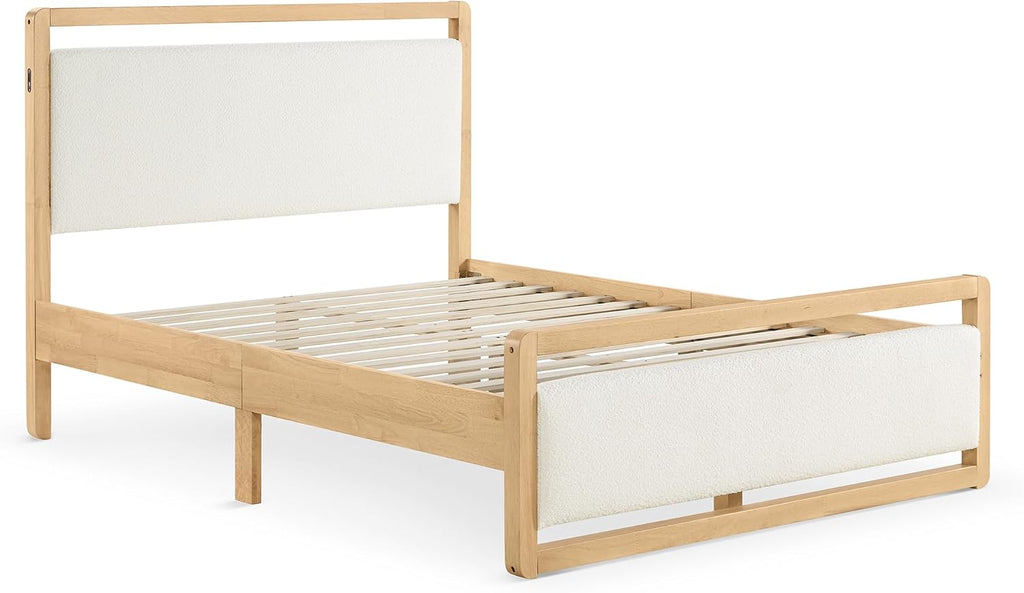 KISLOT 3 Pieces Bedroom Set, Wood Bed Frame with Upholstered Headboard & 2 Nightstands with Storage, Wooden Platform Mattress Foundation Farmhouse Bedroom Furniture Set