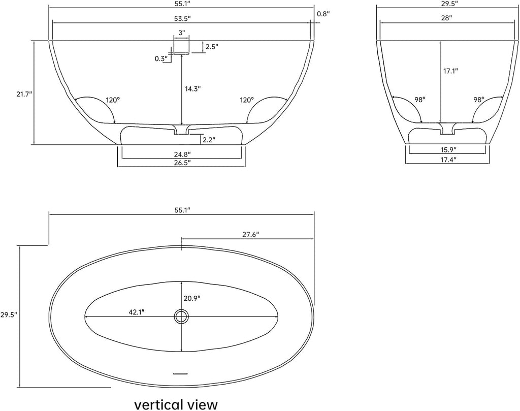 55'' Resin Stone Freestanding Bathtub, Matte Black Soaking Tub Solid Surface Modern Tubs with Overflow and Pop-up Drain in