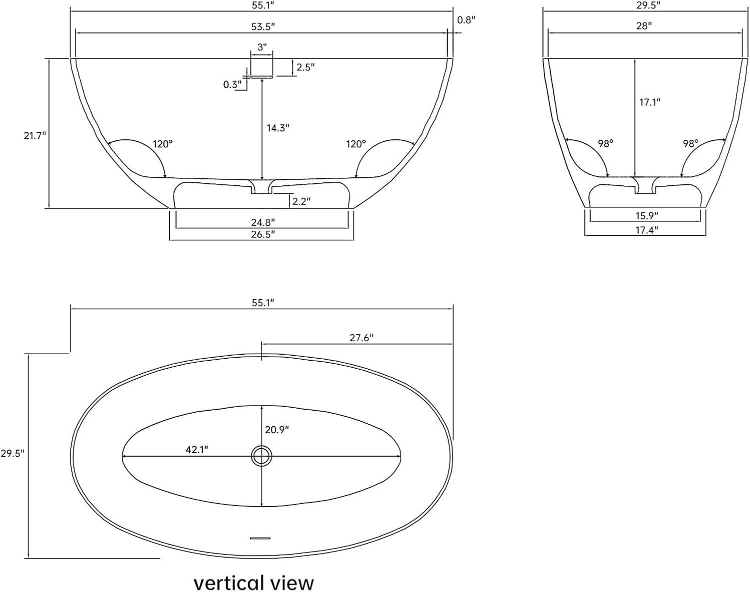 55'' Resin Stone Freestanding Bathtub, Matte Black Soaking Tub Solid Surface Modern Tubs with Overflow and Pop-up Drain in