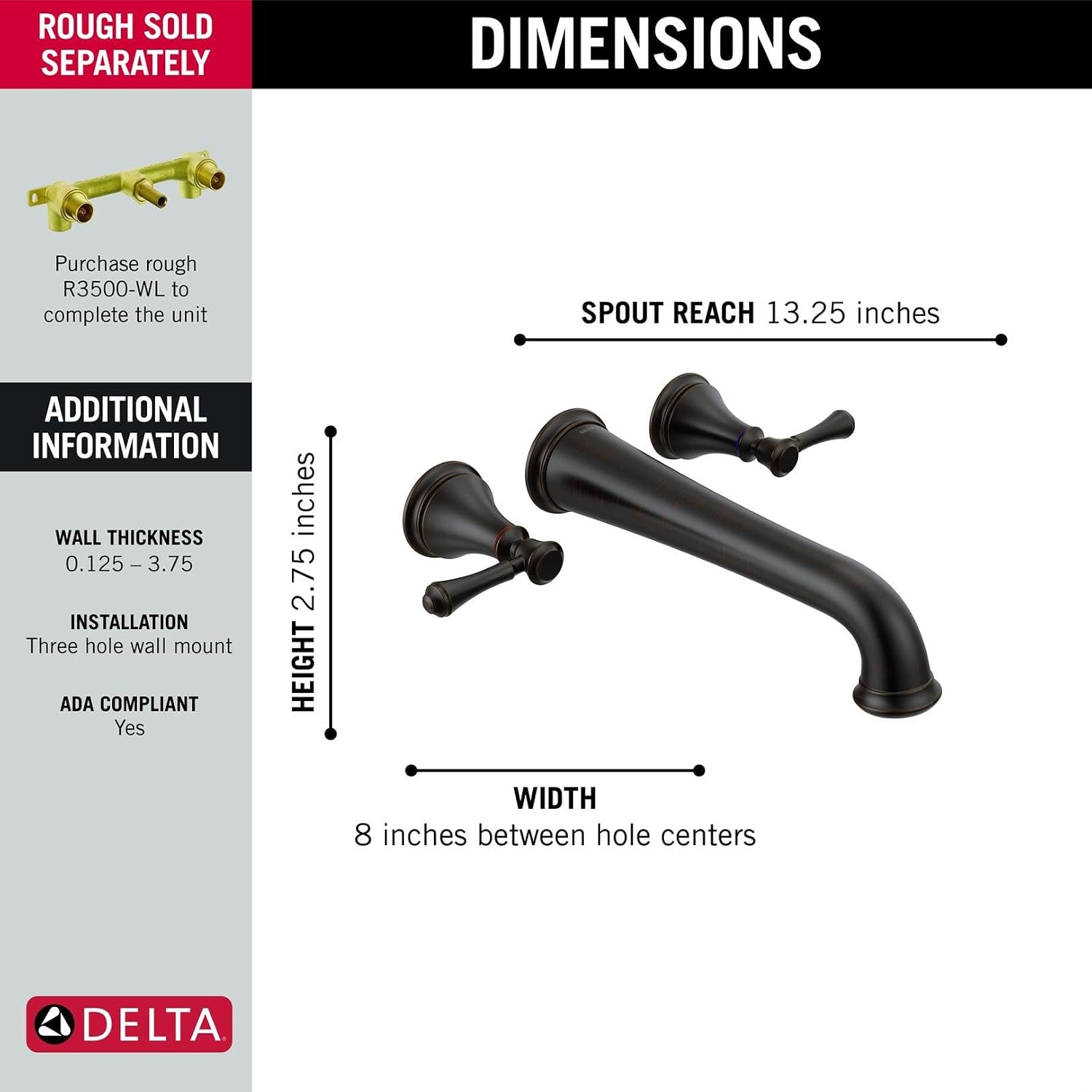 Delta Wall Mount Bathroom Faucet 3 Hole, Oil Rubbed Bronze Bathroom Sink Faucet for Vanity, Venetian Bronze T5797-RBWL (Valve Not Included)