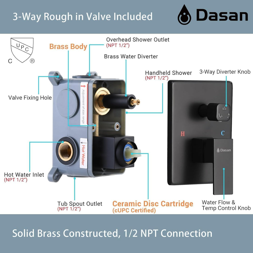 DASAN Tub Shower Faucets Sets Complete Matte Black Bathtub Shower System with Tub Spout, Bathtub Faucet Set Tub and Shower Faucet Combo Trim Kit with Rough-in Valve