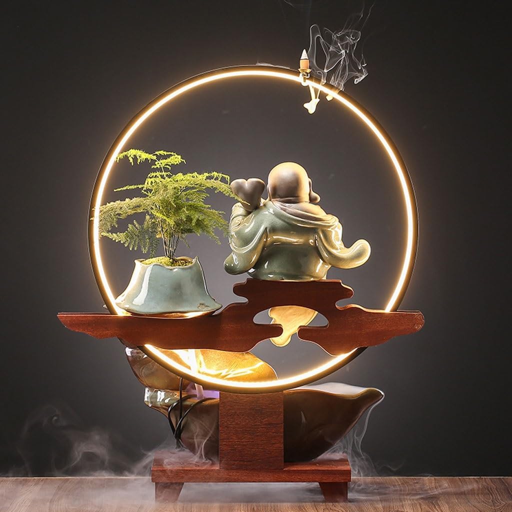 GUERNSEY Tabletop Fountain Tabletop Fountains Chinese-Style Maitreya Buddha Water Fountain Ornaments Office Living Room Decoration Ornaments Indoor Creative Ornaments Indoor Fountain