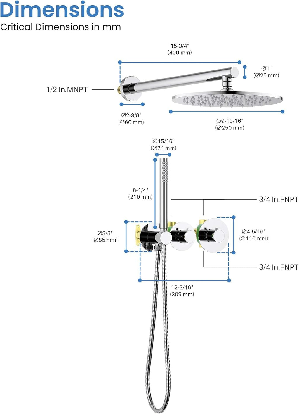 KIBI Circular Thermostatic Shower System with Valve, 2-Function Wall Mounted Shower Faucet Set – Solid Brass Bathroom Shower Trim Kit with Temperature Control, Chrome Finish (KSF410)