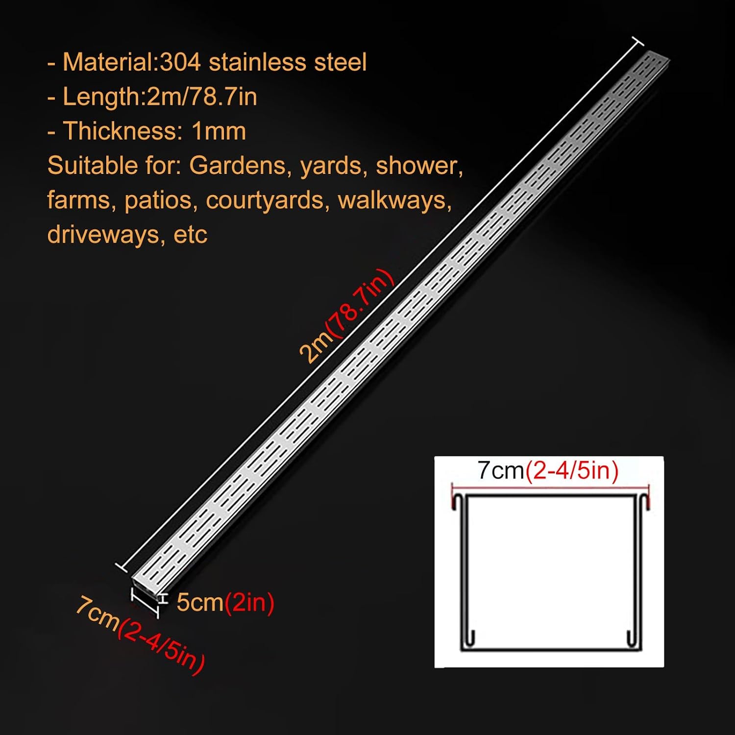 78.7in/ 6.5ft Long Trench Drain System for Yard Low Profile/ Patio/ Driveway, Heavy Duty 2-in Slim Channel Drain and Grate Kit, 4' 2 4/5 Wide Stainless Steel Outdoor Linear Drain Channel(W x H - 2 4/5
