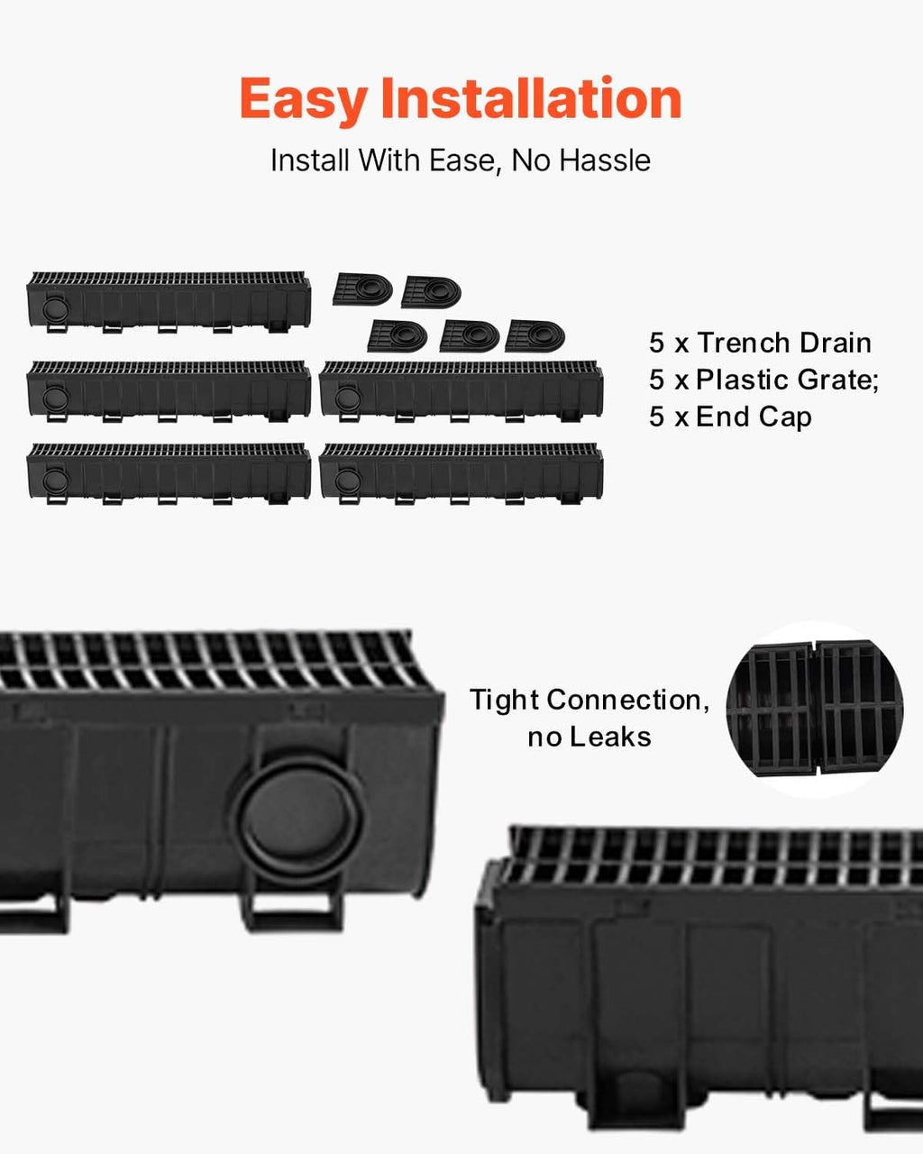 VEVOR Trench Drain System 5 Pack, Channel Drain with Plastic Grate 5.9 x 7.5 in HDPE Drainage Trench, Black Plastic Garage Floor Waterway 5 x 39 in with 5 End Caps for Garden Driveway