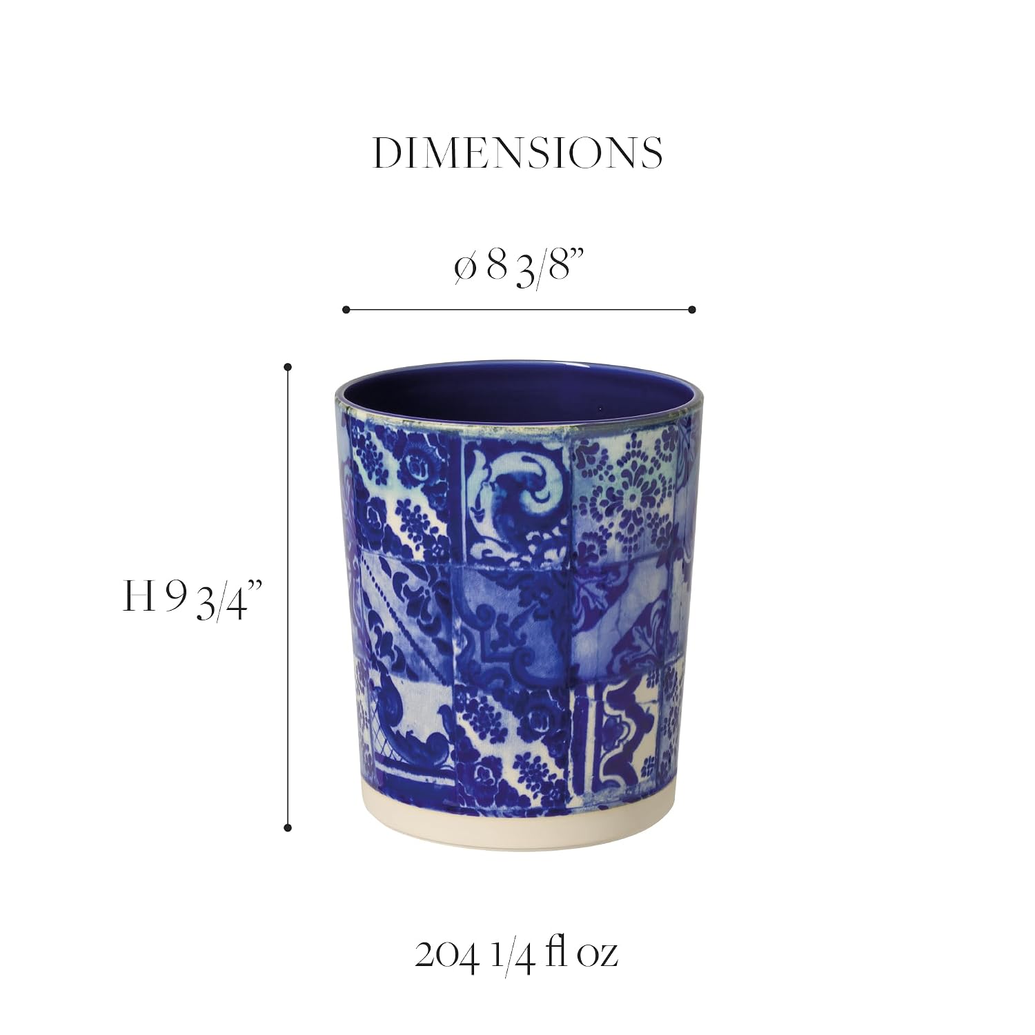 Costa Nova Ceramic Wastebasket Trash Can - Lisboa Collection, Blue Tile | Stoneware Bathroom Accessories | Quality Bath Decor | 8'' x 9.75'', 203 oz.