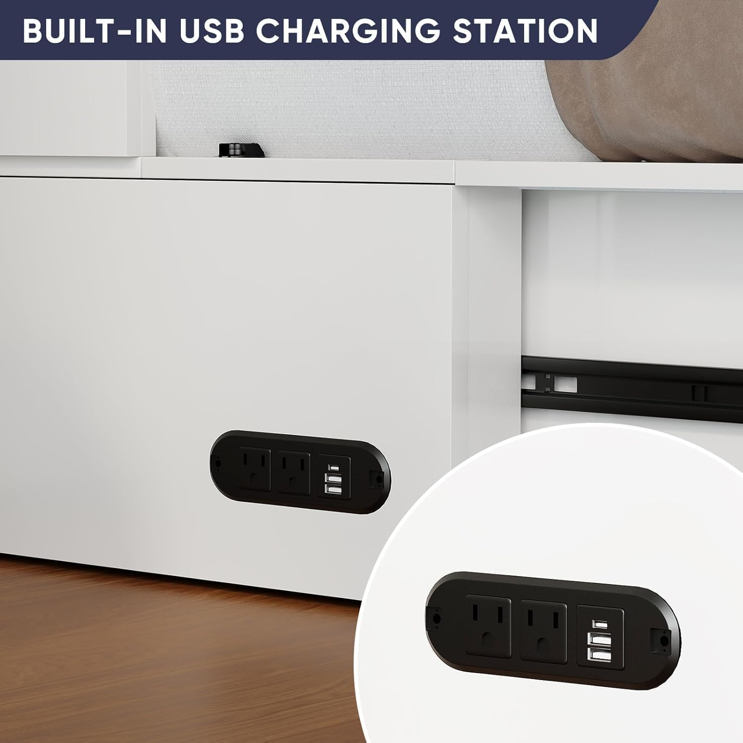 ijuicy Full Size Murphy Bed with Mattress & Extra Large Drawers, Multifunctional Cabinet Bed with USB Charging Station, Farmhouse Murphy Beds Chest for Home (Mattress Included, White & Brown)