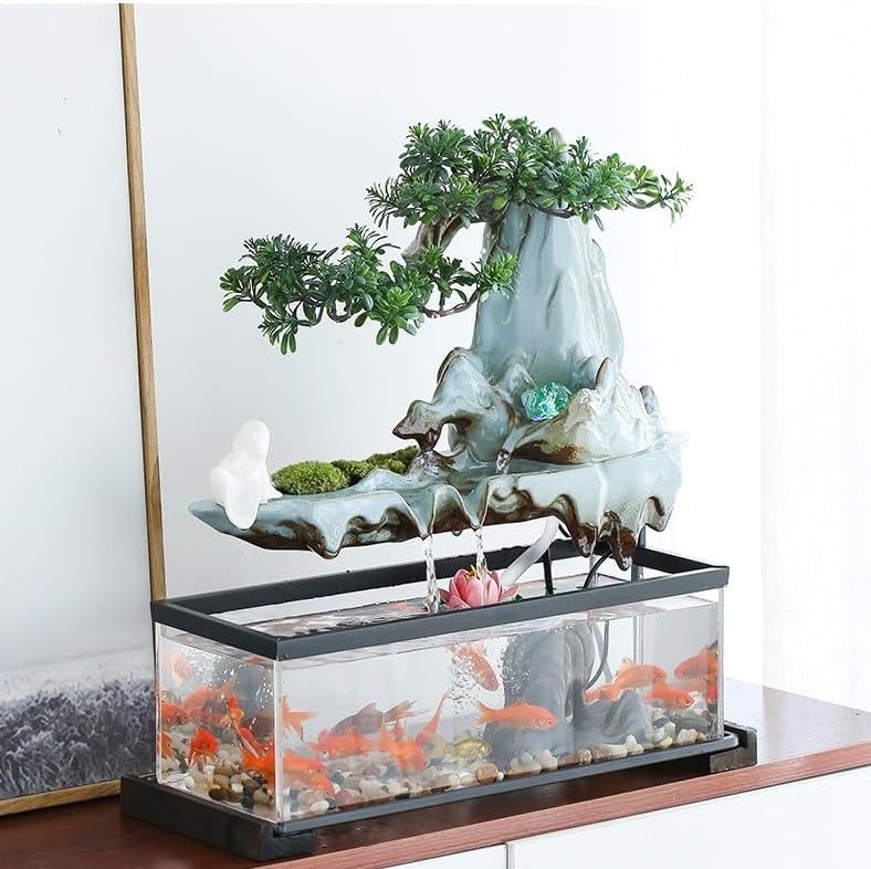 GUERNSEY Tabletop Fountain Tabletop Fountain Chinese Style Flowing Water Ornaments Landscape Fish Tank Living Room Small Fountain Waterfall Office Creative Decoration Indoor Fountain