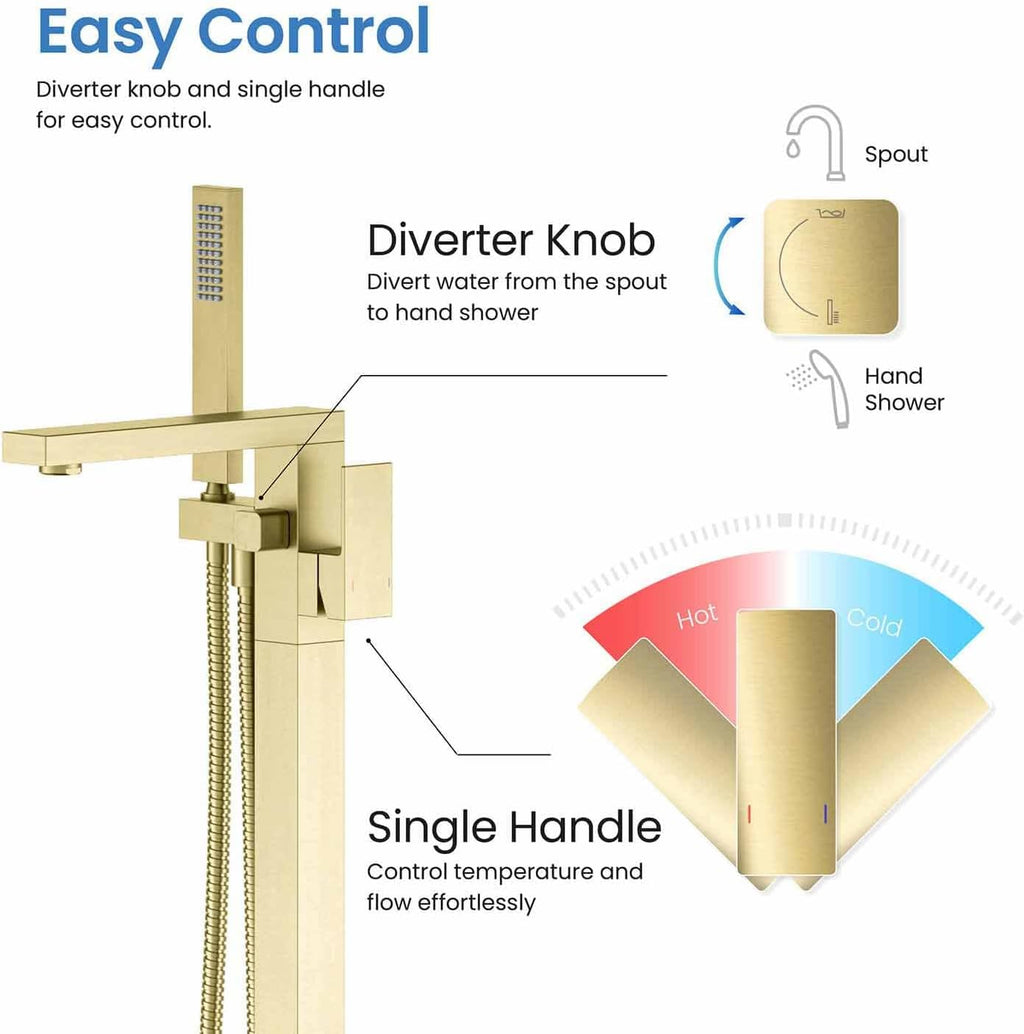 KIBI Freestanding Bathtub Faucet with Hand Shower, Floor Mounted Tub Filler – Single Handle Solid Brass Bathroom Faucet with Ceramic Cartridge & Stainless Steel Hose, Brushed Gold (KTF302BG)