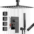 Shower Faucets Sets Shower System with Body Jets, Bostingner 10' Rain Shower Head with 2 In 1 Handheld Spray and 4 Jets, Ceiling Mount All Metal 3 Way Shower Set with Valve and Trim Kit, Matte Black