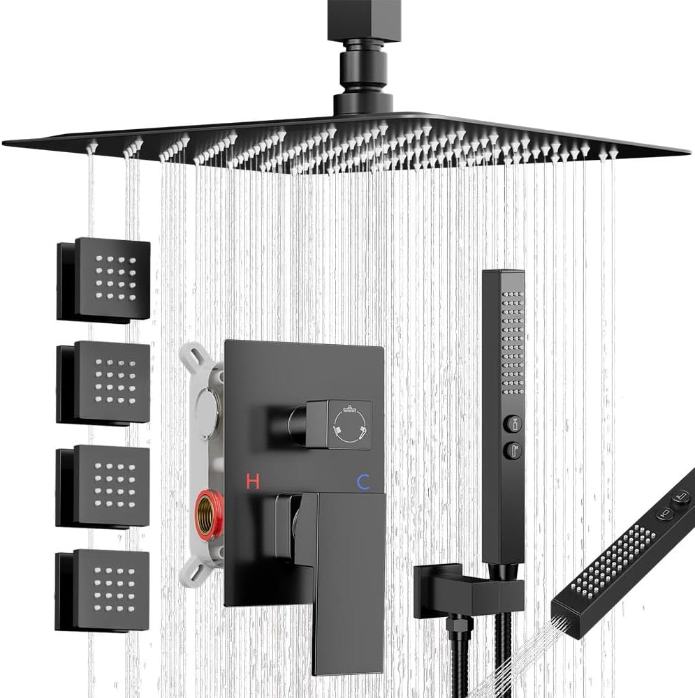 Shower Faucets Sets Shower System with Body Jets, Bostingner 10' Rain Shower Head with 2 In 1 Handheld Spray and 4 Jets, Ceiling Mount All Metal 3 Way Shower Set with Valve and Trim Kit, Matte Black
