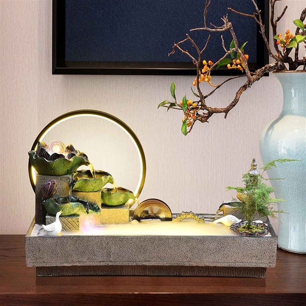 GRFIT Indoor Fountain Zen Ornament for Desk, Lotus Landscape, Flowing Water Ornament, Circulating Water Fountain Tabletop Fountain