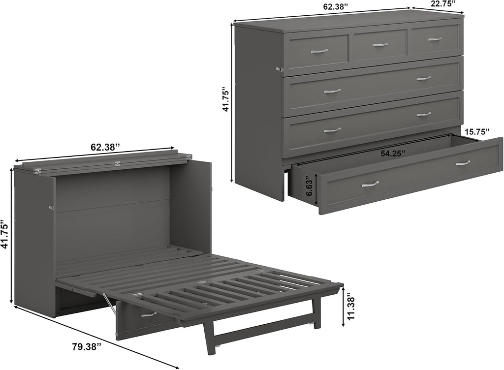 AFI, Northfield Murphy Bed Chest Queen with 6' Mattress, Storage Drawer & Built-in USB Charger, Grey