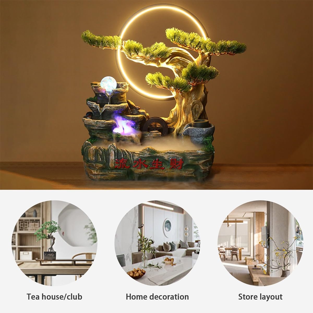 Table Fountain, Indoor Water Tiered Cascading Design with LED Lights, Quiet Pump, Decorative Desk & Home Accent, for Home Office Bedroom Relaxation Decor