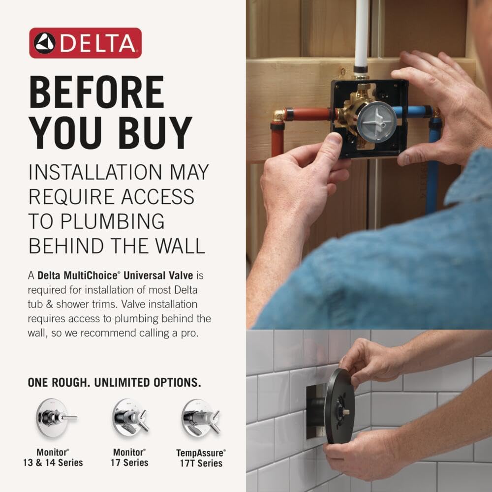Delta Modern 14 Series Square Rain Shower System Faucet Set, Rainfall Chrome Shower Head and Handle Set, Valve Trim Kit, 10 Inch, Chrome T342701 (Valve Not Included)
